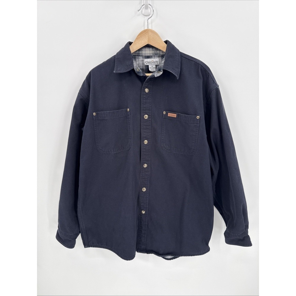Carhartt Mens Navy Flannel Lined Canvas Shirt Jacket Size Medium S96MDT Workwear